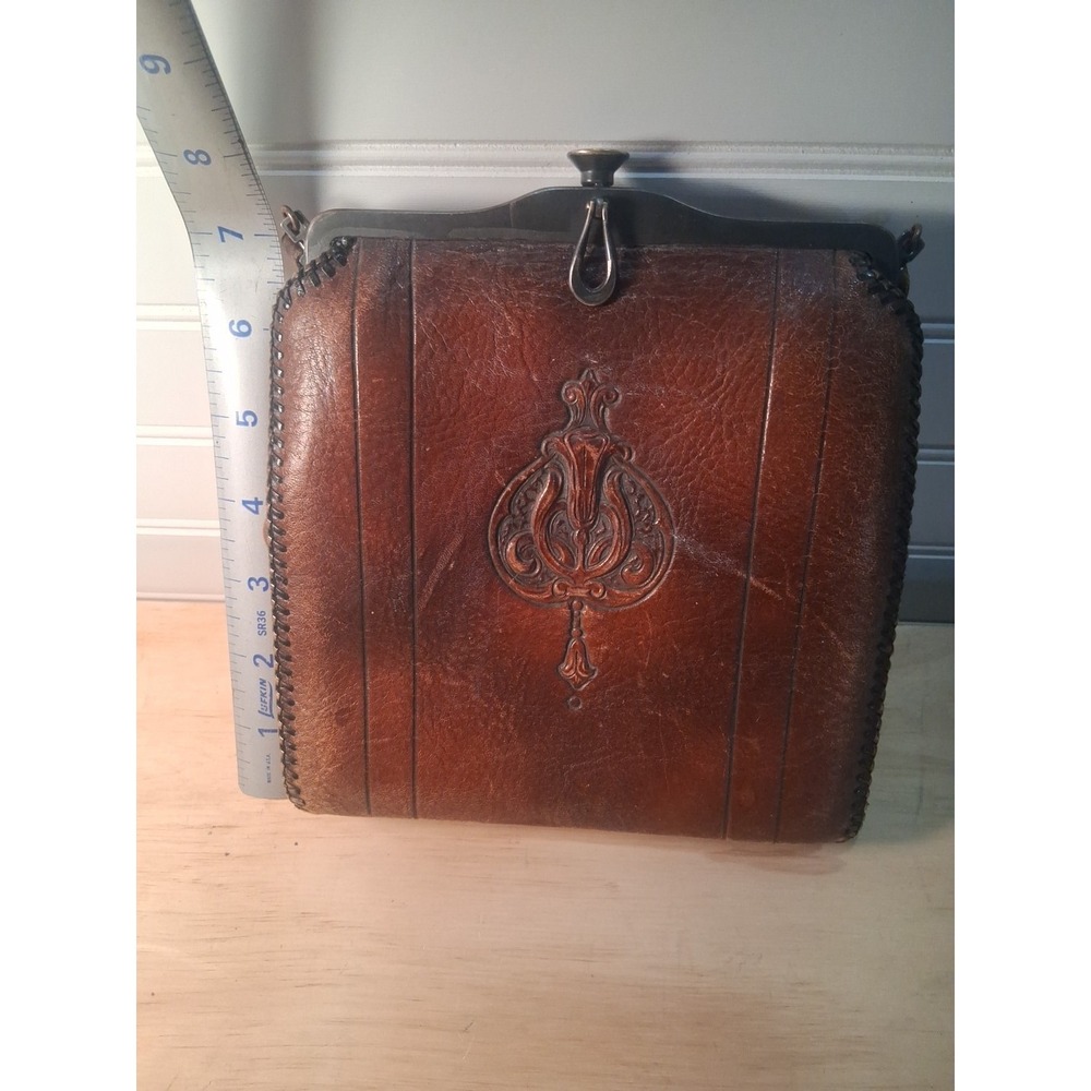 Vintage Antique Floral Decorated Tooled Leather Arts & Crafts Style Purse - Picture 5 of 6